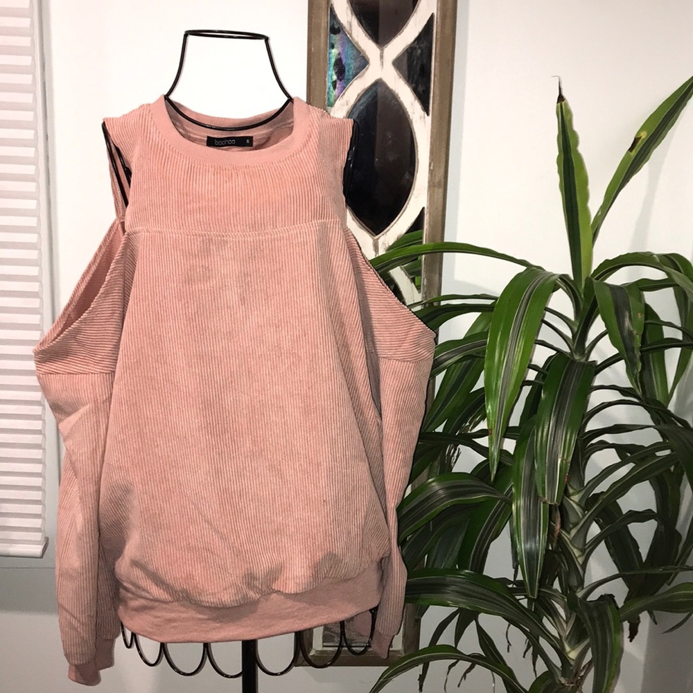 Boohoo Ribbed Cold Shoulder Long Sleeve Blouse